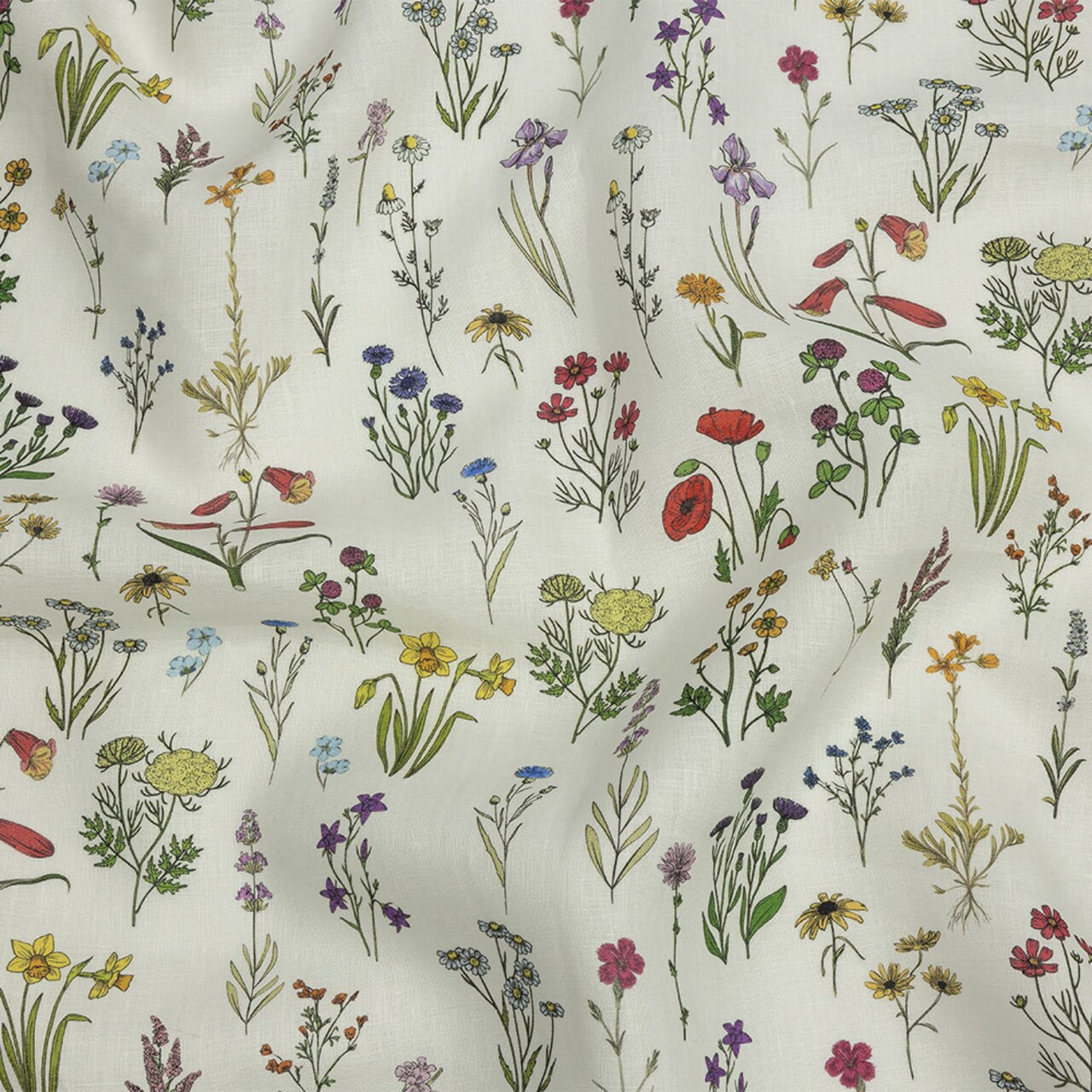 1 Yard Multicolor Wildflower Doodles Medium Weight Linen Woven Fabric